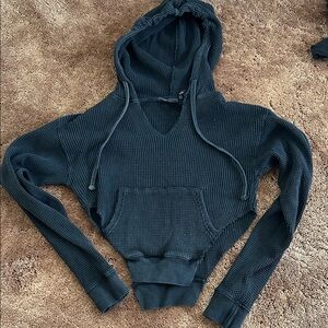 Free People Black Waffle-Knit Hooded crop Pullover